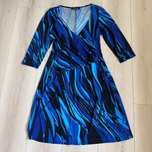Black Label by Evan-Picone Women's Blue Black Abstract Print Dress Size 16